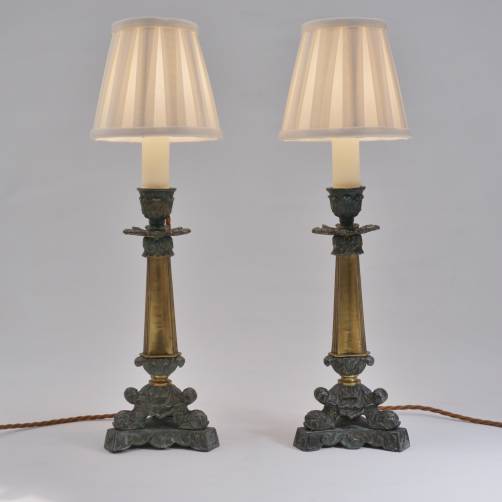 Pair Antique Empire dolphins candlestick table lamps, 19th Century, French
